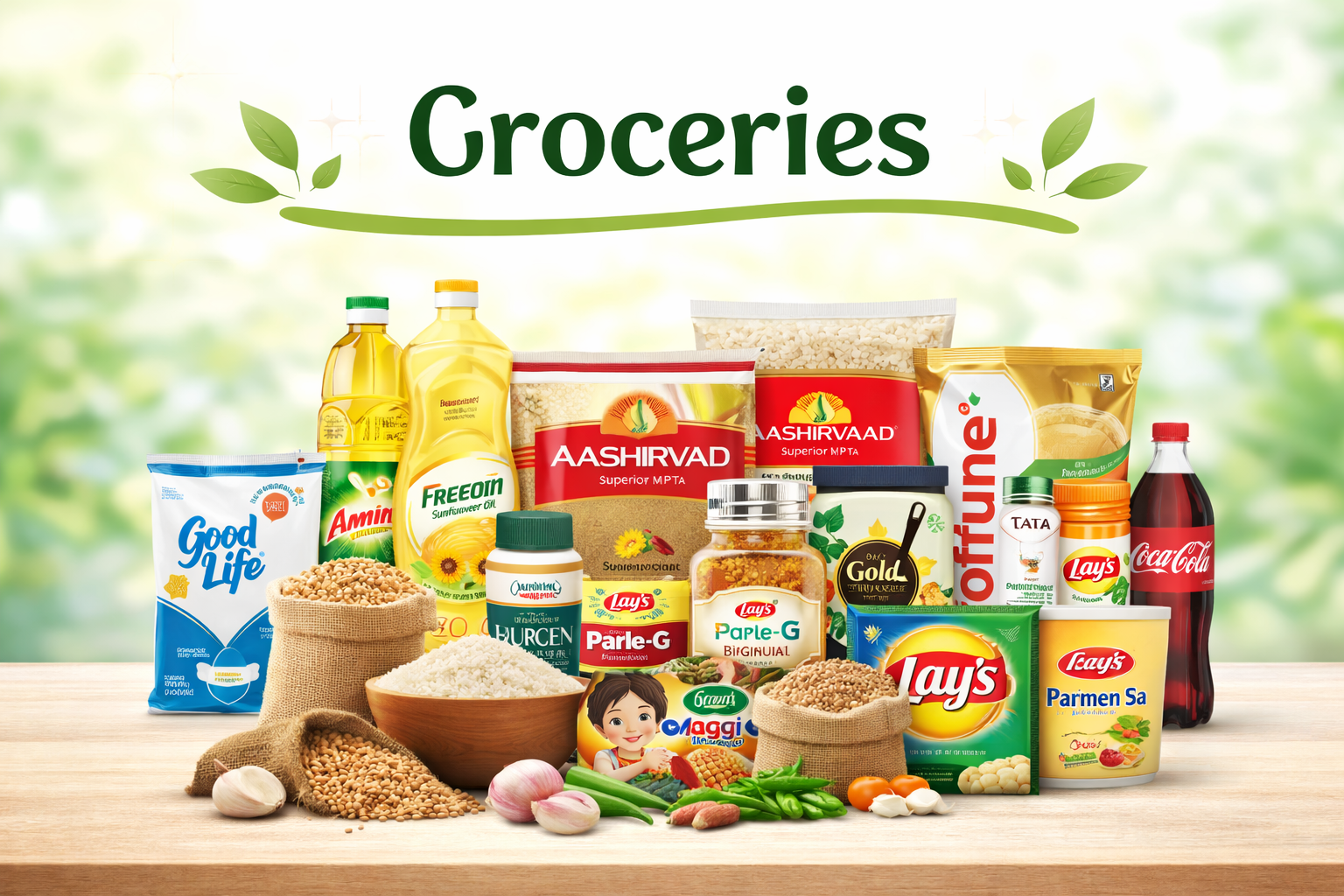 grocery essentials on rustic wood surface