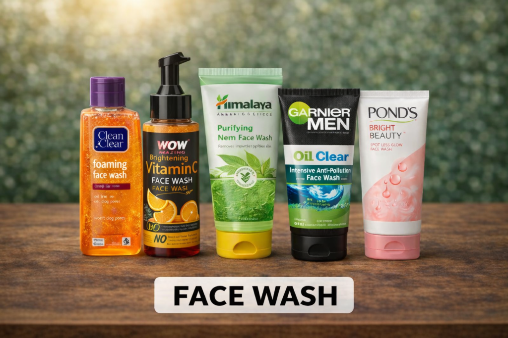 face wash selection on rustic wood
