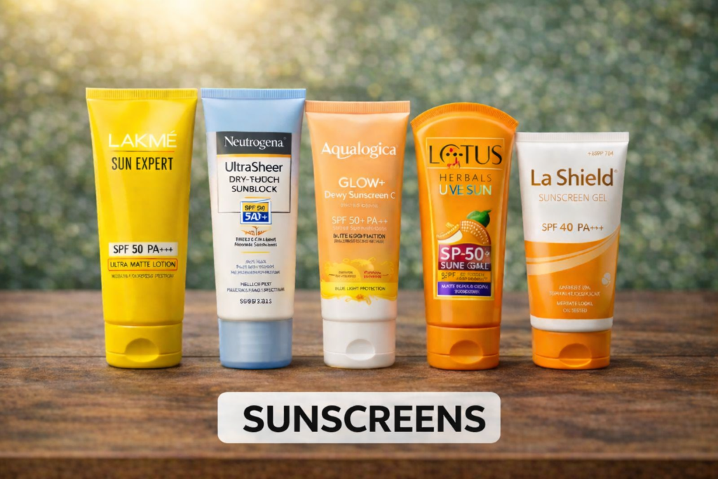 five sunscreens on wooden surface (1)