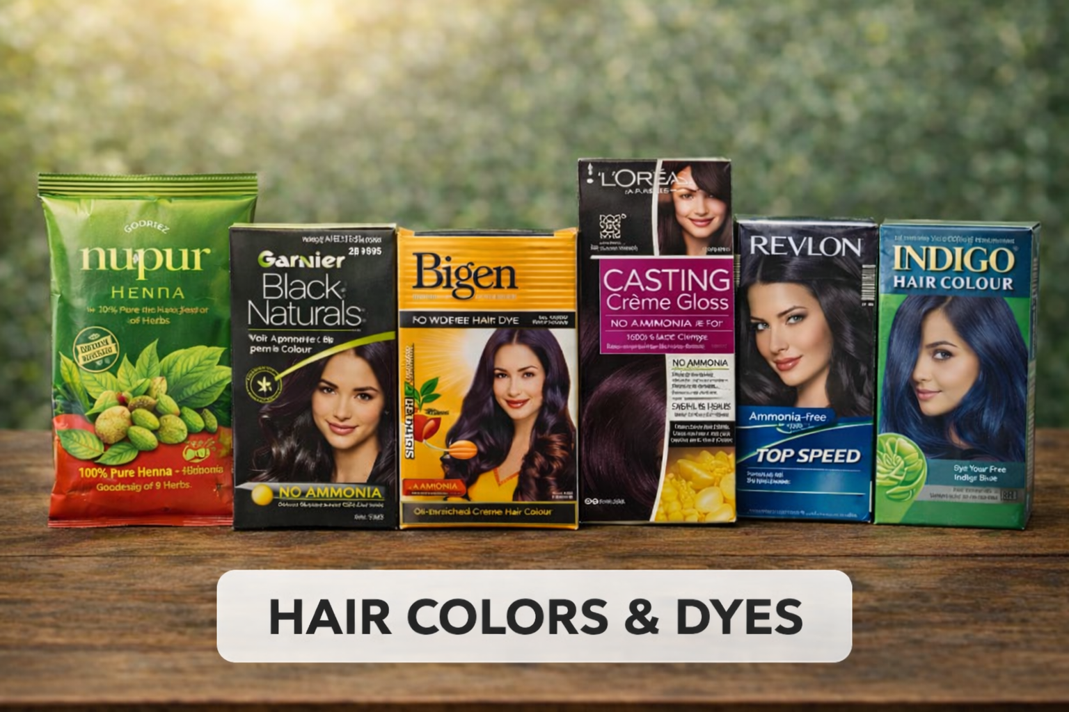 hair color products on rustic wood