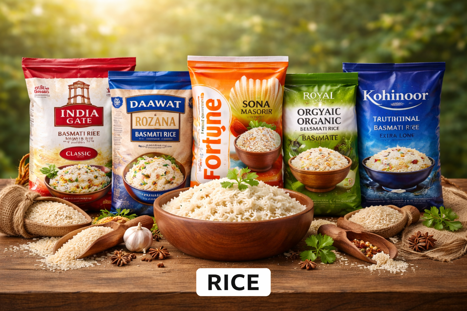 rustic rice display with spices and herbs